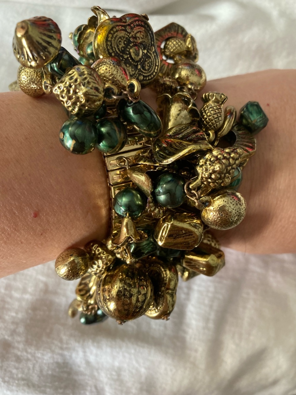Golden and Green Vintage Cha-Cha Expansion Stretch Charms Bracelet